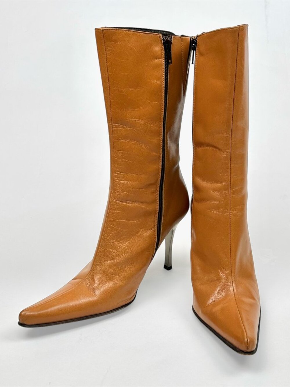 Charles David Cognac Spanish Leather Knee High Pointed Toe Metal Heel Boots - Picture 6 of 8
